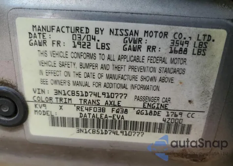 2004 Nissan Sentra 1.8 z USA, uszkodzony, nr VIN 3N1CB51D74L910777